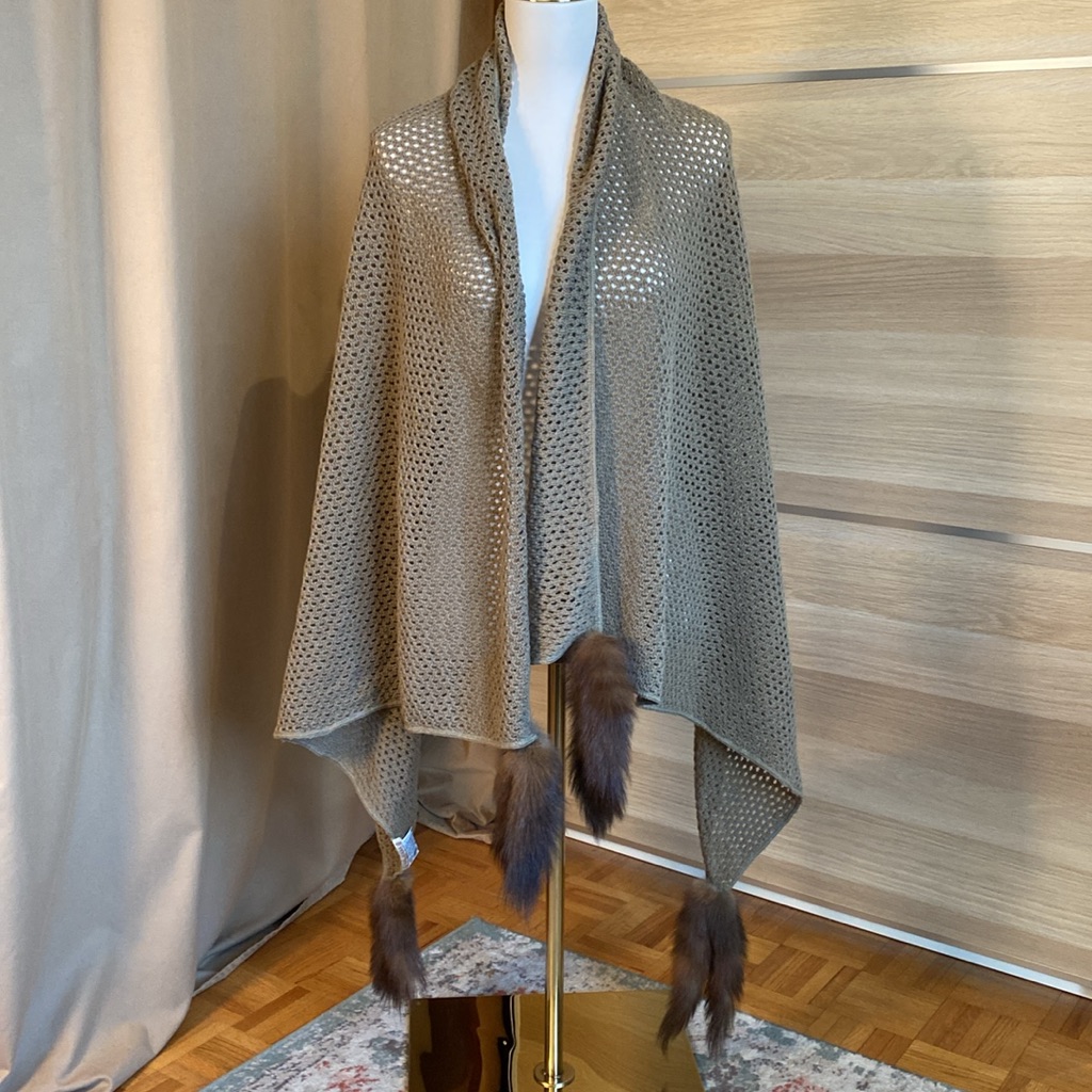 Claude Barthelemy Paris Pure Virgin Wool Shawl Wrap With Fur Tassels Made France